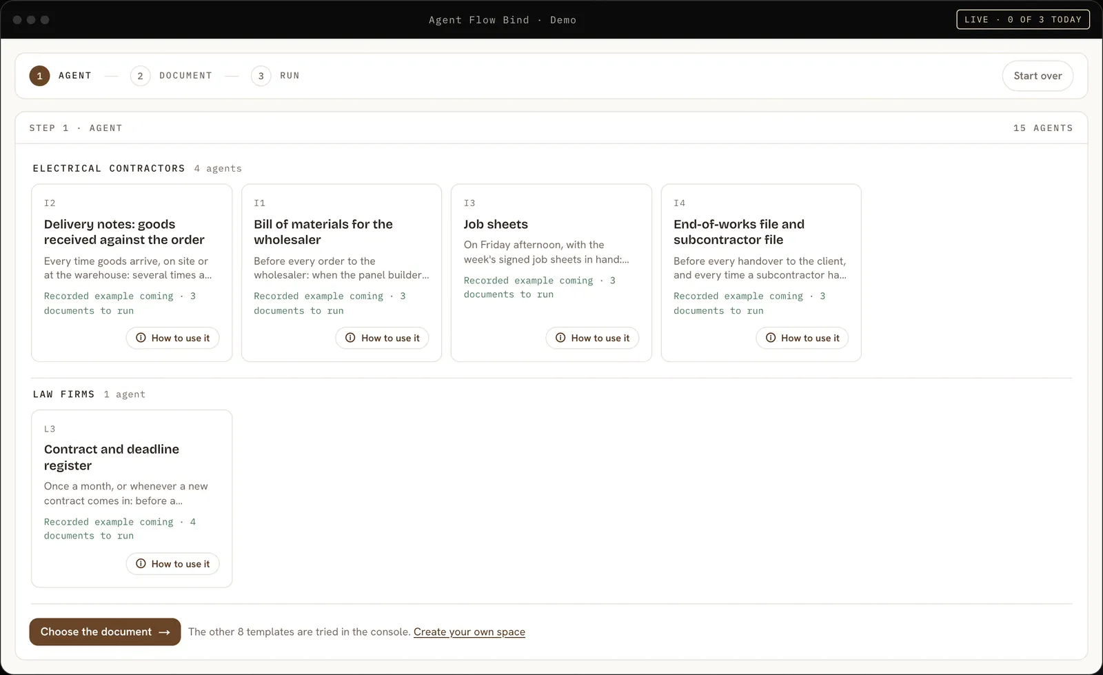 The live demo on agentflowbind.com: pick the agent, then the document, then watch the run.