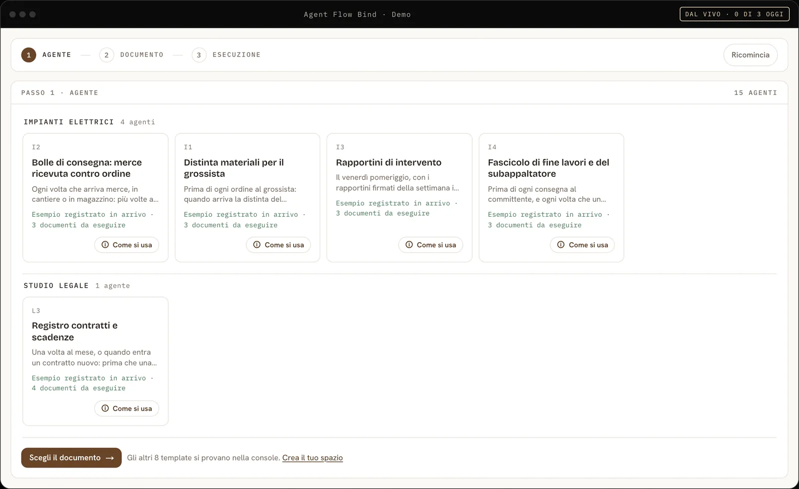La demo live su agentflowbind.com: scegli l’agente, poi il documento, poi guarda l’esecuzione.