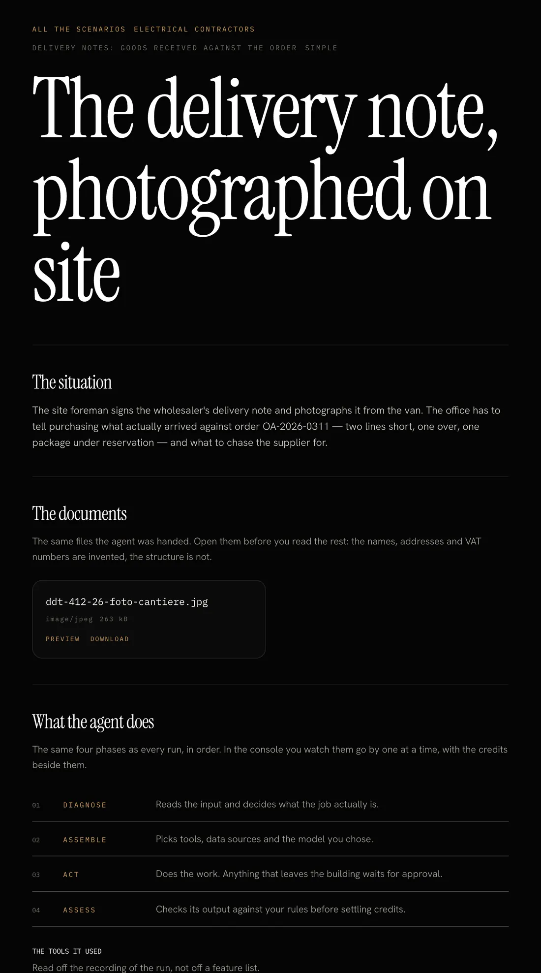 A scenario on agentflowbind.com: a delivery note photographed on site, the files and the agent’s phases.