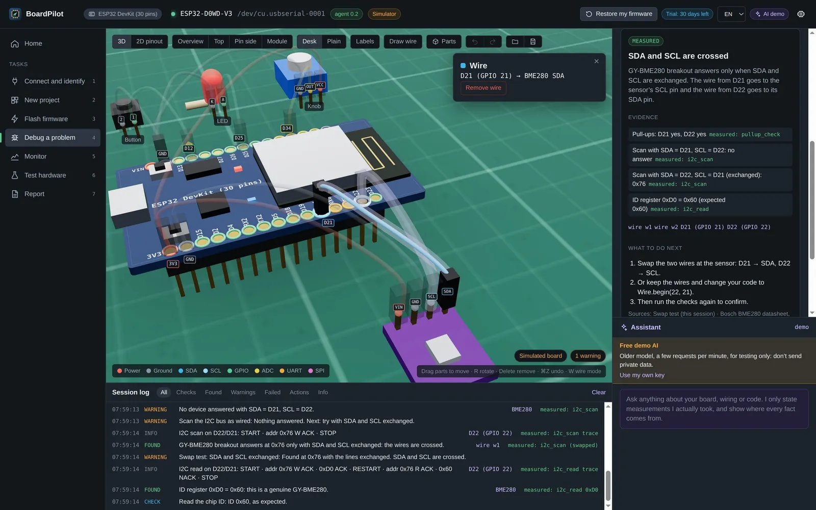 BoardPilot finds SDA and SCL crossed on a BME280 connected to an ESP32: the crossed wire is highlighted on the 3D board, with the measurements that prove it.