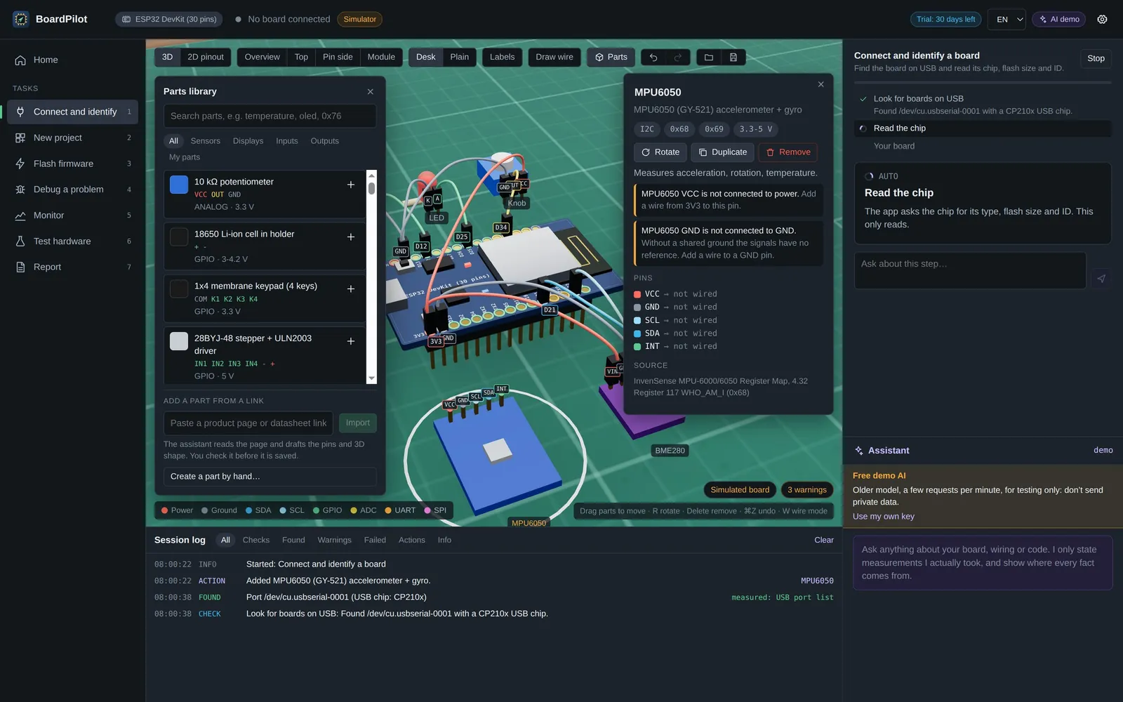 Parts library: add and wire parts in 3D while the rules flag mistakes.