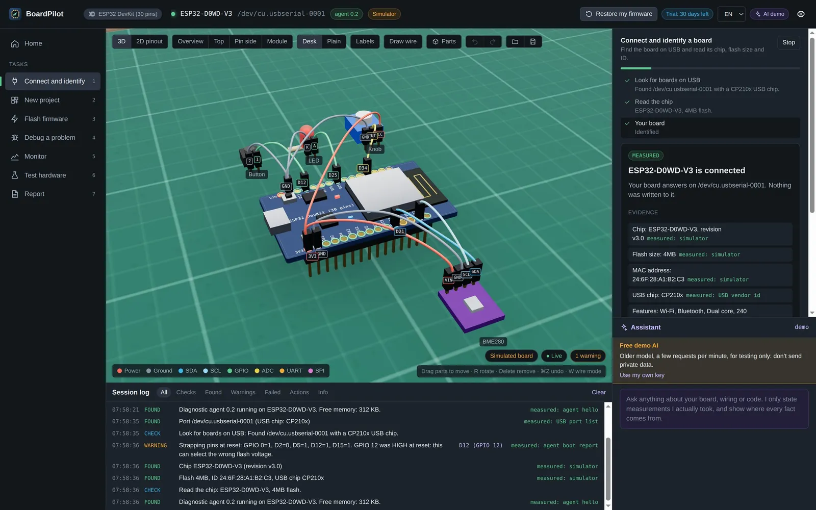 Connect and identify: chip, flash and USB bridge detected automatically.