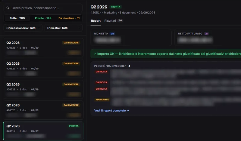 Co-op Verify: una pratica con importo richiesto, letto dall'AI e giustificato dal codice, e i motivi della revisione